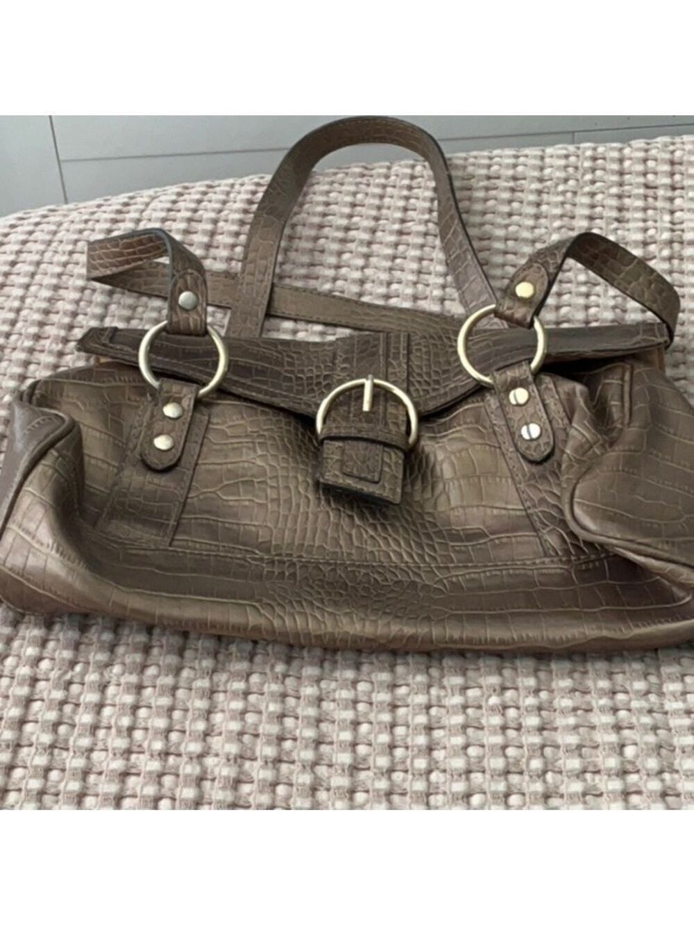 Liz Claiborne Brown Gold Leather Crocodile Embossed Bag
